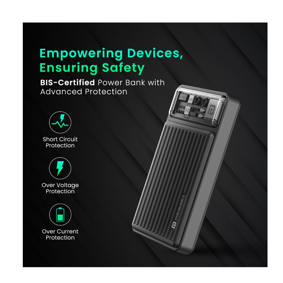 Portronics Luxcell Mini 10K Advanced 10000 mAh Nano Power Bank with 22.5W Max Output, LED Indicator, Mach USB-A Output, Type C PD Output, Type C Input, Wake Up Button(Black)