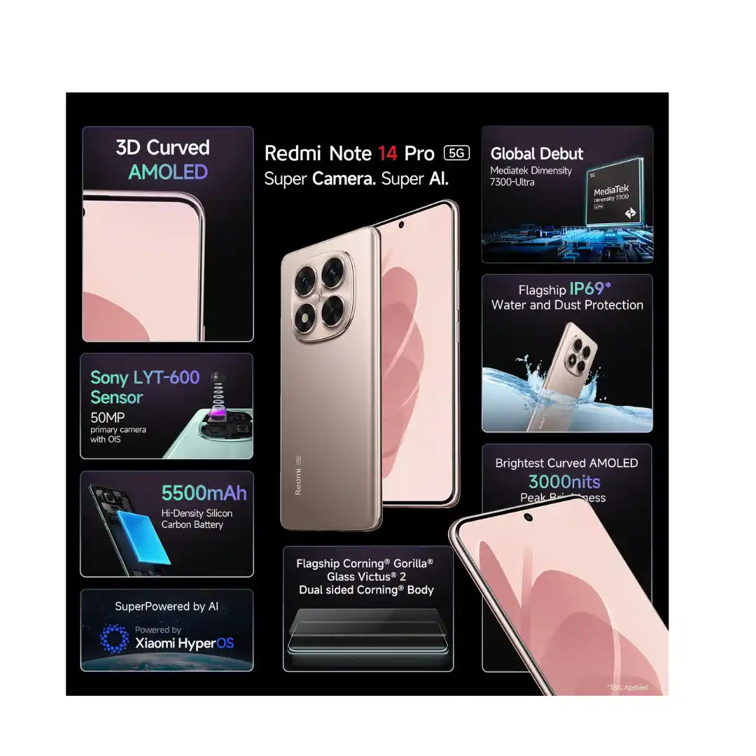 Redmi note 14 Pro 5G | 3D Curved AmOLED Display | MediaTek 7300 Ultra Chipset | 5500mAh Si/C Battery | Triple Camera Mobile