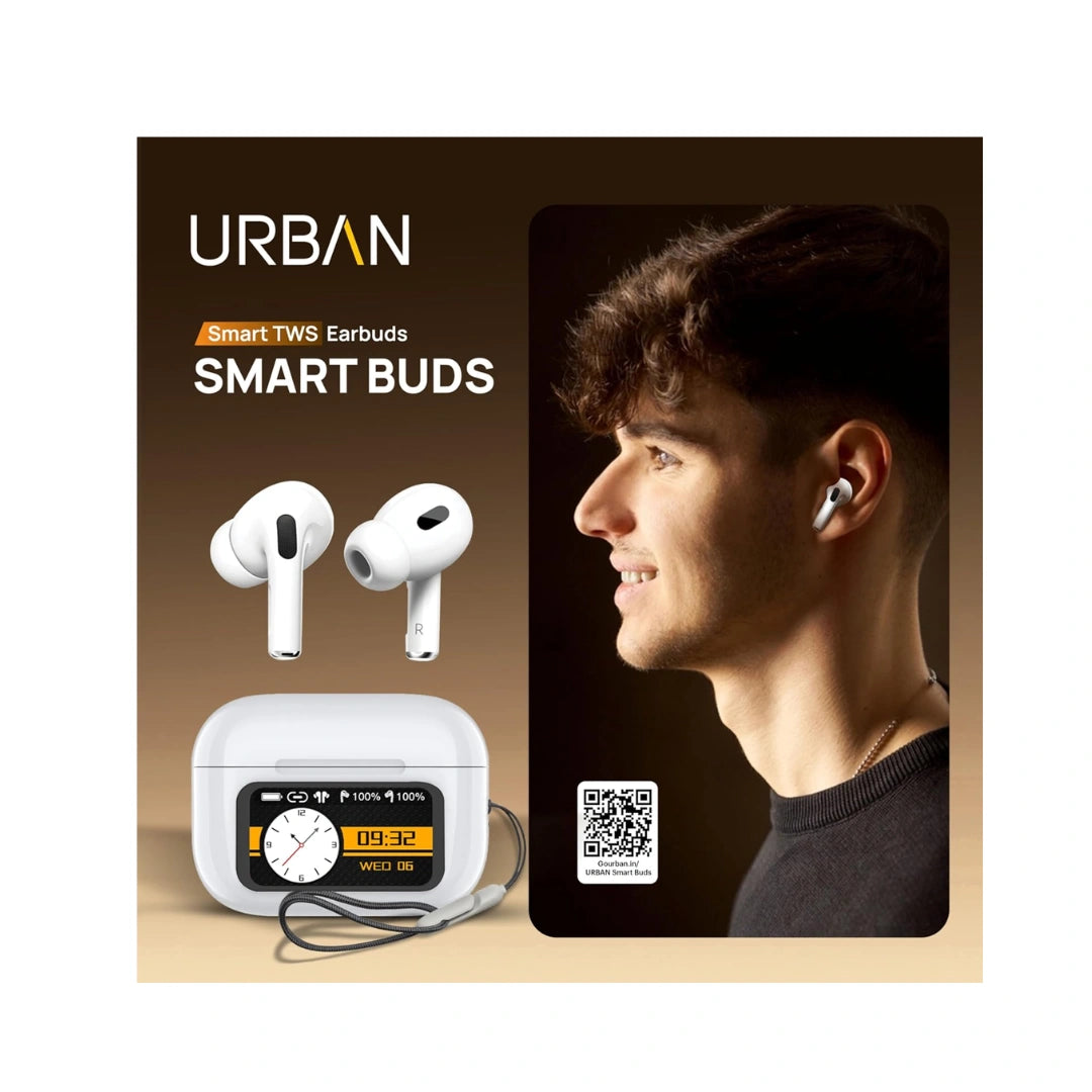 URBAN Smart Buds Screen TWS,ANC (32Db),Smart Touch Display True Wireless Buds,Type-C Fast Charging,BV 5.4,Find My Earbuds,4 Mics Enc for Clear Calling, AI Enabled Low Latency Mode for Gaming(White)