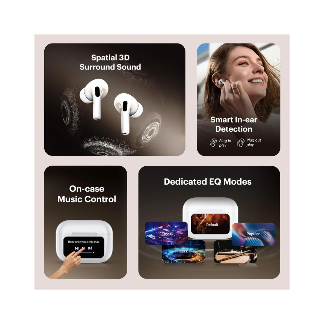 URBAN Smart Buds Screen TWS,ANC (32Db),Smart Touch Display True Wireless Buds,Type-C Fast Charging,BV 5.4,Find My Earbuds,4 Mics Enc for Clear Calling, AI Enabled Low Latency Mode for Gaming(White)