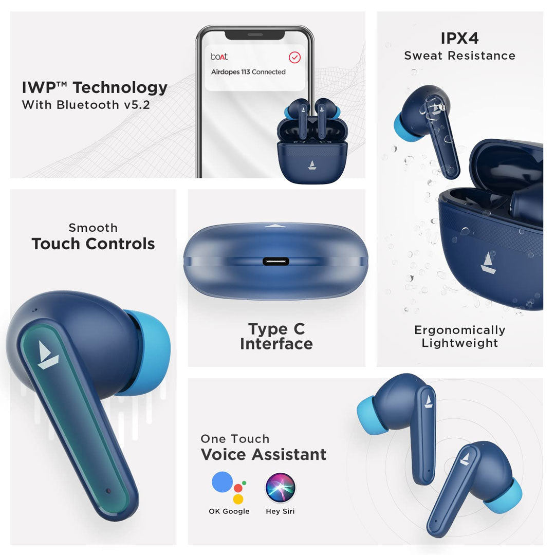 Boat Airdopes 113 | IPX4 Water Resistance | Bluetooth v5.2 | Smooth Touch Control | 24 hrs Playback